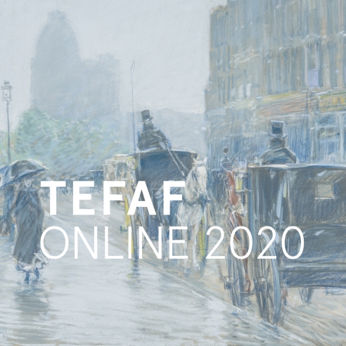 TEFAF Online 2020 logo superimposed over a ghosted image of CHILDE HASSAM (1859–1935), A Wet Day on Broadway, 1891. Pastel on paper mounted to fine-weave linen, 18 x 21 7/8 in. (detail).