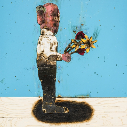 trompe l'oeil oil painting of a burned cartoonish man holding flowers