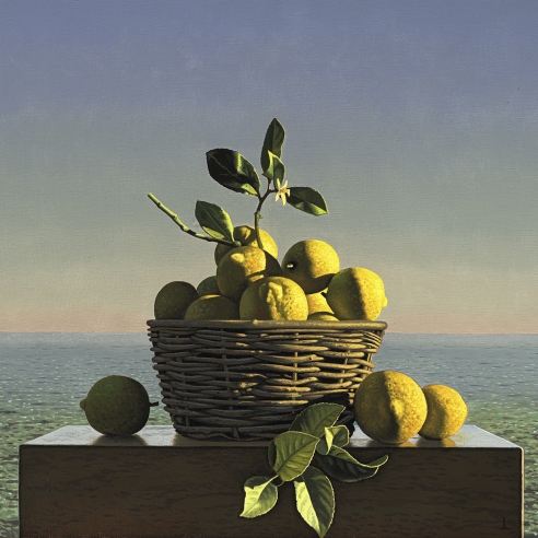 still life painting of a basket of lemons on a wooden box by the sea