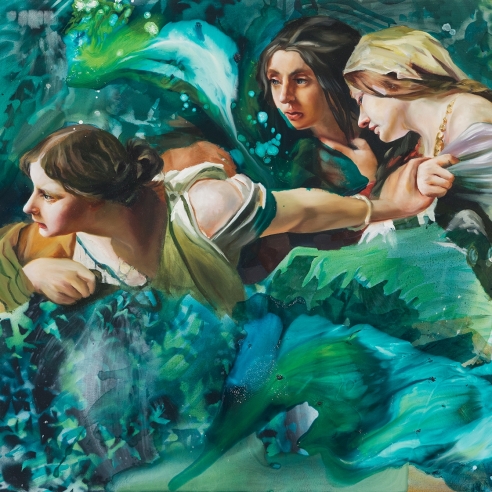 renaissance-dressed women in an abstract green background