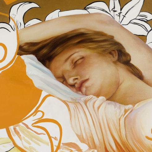 a woman sleeps in this painting by Angela Fraleigh