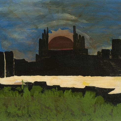 a painting of a sunset behind black forms by self-taught artist Frank Walter