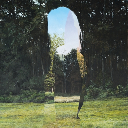 egg tempera painting with multiple views of the same landscape layered on top of each other in the shape of a person