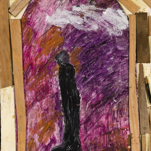 a paint and wood assemblage of two figures by Self-taught artist Purvis Young