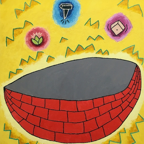 a thickly-painted boat made of bricks in Chase's early, more cartoonish style