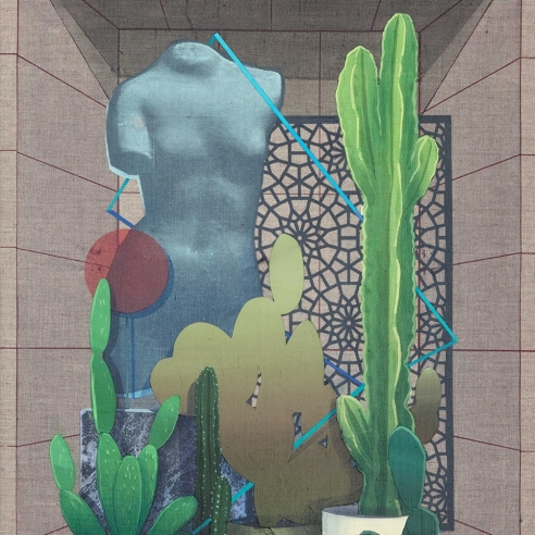 cacti and bric-a-brac sit in a gray, recessed shelf in this painting by Robert Minervini