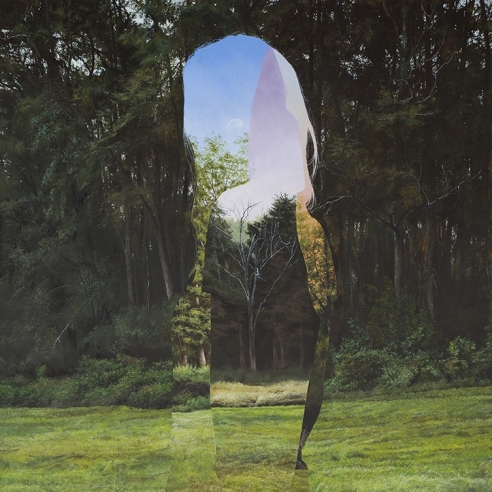 an egg tempera painting by Colin Hunt of a silhouette's void in a landscape