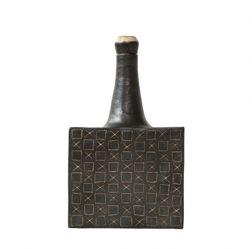 Square ceramic vessel with stopper by Bruno Gambone