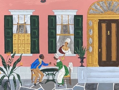 Detail of a painting by Andrew LaMar Hopkins titled Creole Tête-à-tête, from 2020