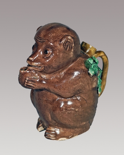 Rare Chinese Aubergine Glazed Biscuit Porcelain Monkey Ewer