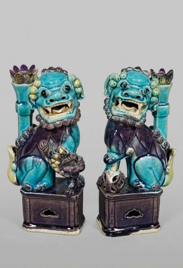 Pair of Chinese Fahua Glazed Porcelain Fu Dogs