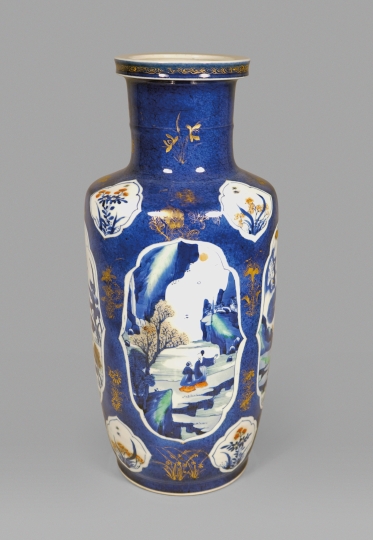 Rare Chinese Powder Blue, Green, Underglaze Red and Gilt Porcelain Rouleau Vase