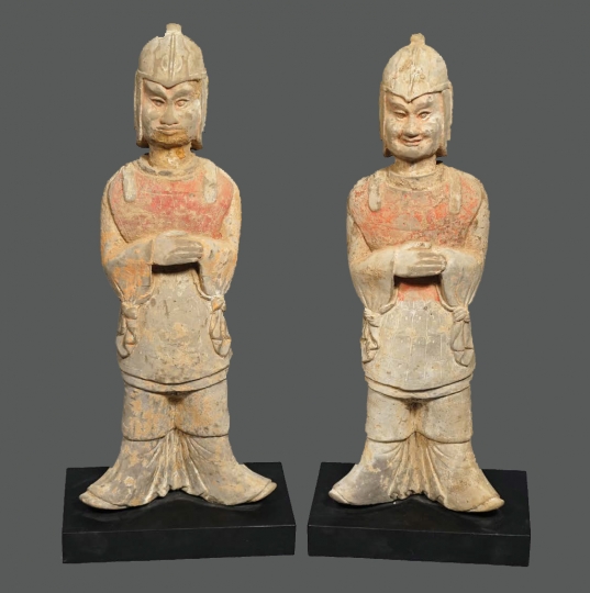 Fine Pair of Chinese Unglazed Pottery Standing Guardian Figures