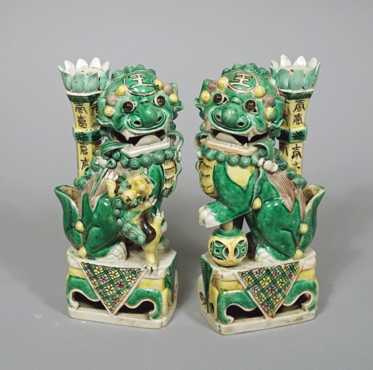 Pair of Chinese Famille Verte Glazed Biscuit Porcelain Fu Dogs