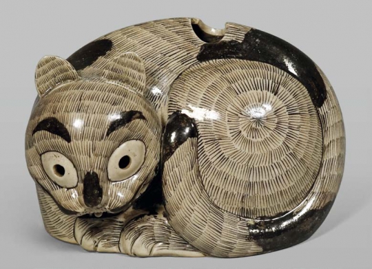 Fine and Rare Chinese Sepia/ Aubergine Glazed Porcelain Cat-Form Nightlight