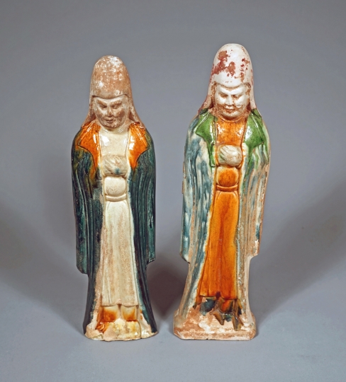 Pair of Chinese Blue and Sancai Glazed Pottery Officials