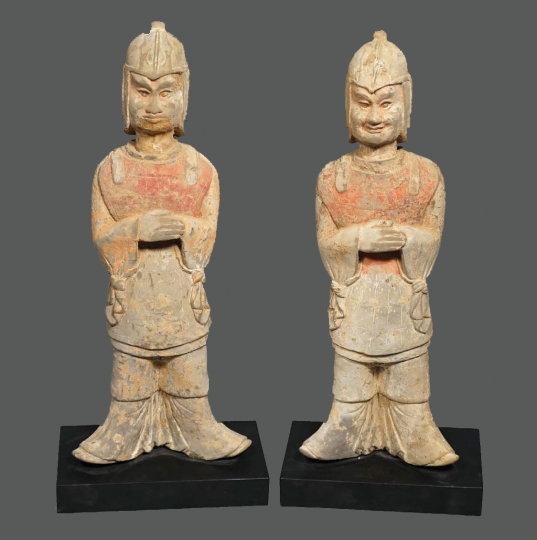 Pair of Chinese Unglazed Pottery Warriors
