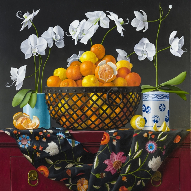a painting of oranges in a metal basket surrounded by white flowers