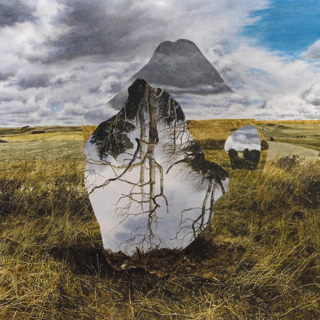 a watercolor by Colin Hunt of a fractured and inverted countryside landscape