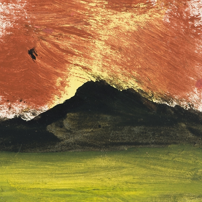 a green field leads to black mountains with a red and yellow sky in this small painting by self-taught artist, Frank Walter