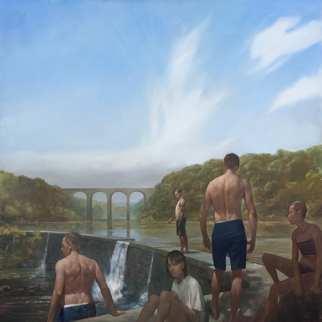 men and women get ready to swim by a dam in this painting by Randall Exon