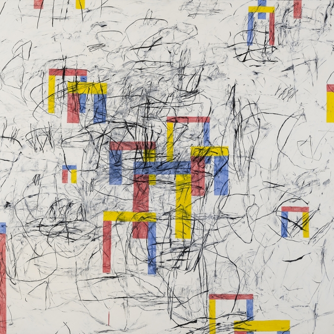 a gestural abstraction by Louisa Chase of blue, yellow and red house-forms on a white with gray streaks background