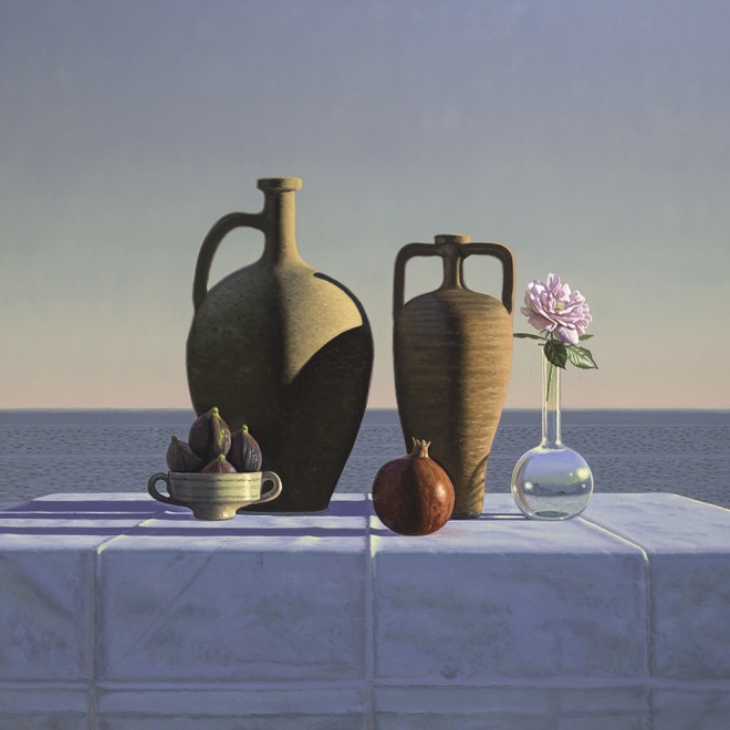 a still life painting of a pomegranate, roses and on a table by the sea by David Ligare