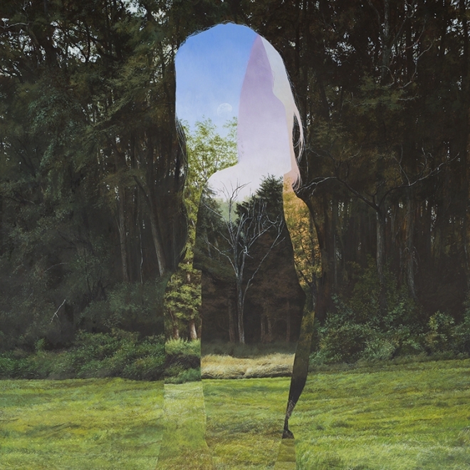 an egg tempera painting by Colin Hunt of a silhouette's void in a landscape