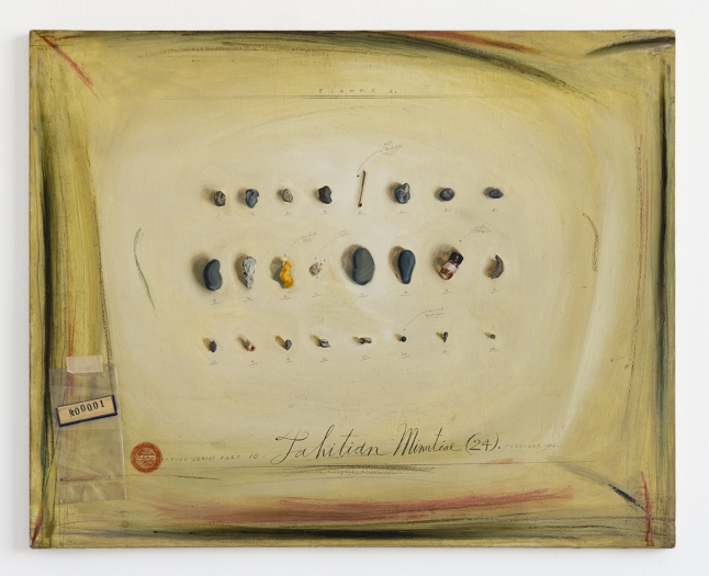 Candy Jernigan, Travel Series Part 10 – Tahitian Minutial (24) – February 1986, 1986, Oil and collage on canvas, 24 x 30 x 3/4 inches (61 x 76.2 x 1.9 cm)