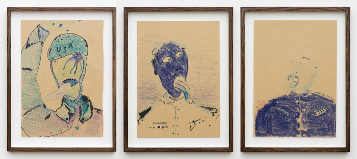 Calvin Marcus Military Man with Tongue, 2015 Crayon and sharpie on paper Paper: 11 1/2 x 8 inches (29.2 x 20.3 cm) each Frame: 14 1/4 x 10 3/4 inches (36.2 x 27.3 cm) each