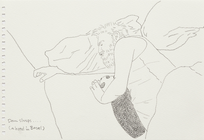 Mieko Meguro Dan Sleeps...(A Hotel In Basel) , 2016 Graphite on paper Image: 6 3/8 x 9 7/8 inches (16.5 x 25.1 cm) Frame: 9 1/2 x 12 1/2 x 1 1/8 inches (24.1 x 31.7 x 3.0 cm)