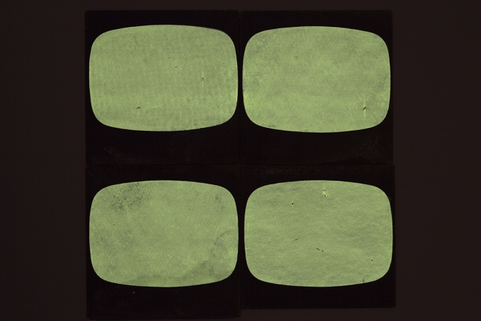 Tony Conrad Yellow Movie (video), 1973 citron Yellow Daylight Fluorescent Naz-Dar Screen Process Ink, Naz-Dar No. 5594, and Scrink Transparent Base, Craftint No. 493, applied over Super White Process Color, Art-Brite No. 700 on Black cards; GE F40BL Black Lights; contact microphones; speakers Four 20 x 20 x 1/8 inches (51 x 51 x .3 cm) each