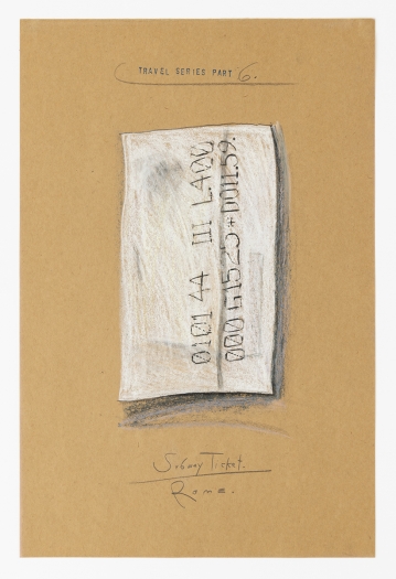 Candy Jernigan, Travel Series – Part 6, Subway Ticket – Rome, 1984, Pastel and rubber stamp on paper, Image: 18 x 12 inches (45.7 x 30.5 cm), Frame: 21 x 14 3/4 x 1 1/2 inches (53.3 x 37.5 x 3.8 cm)