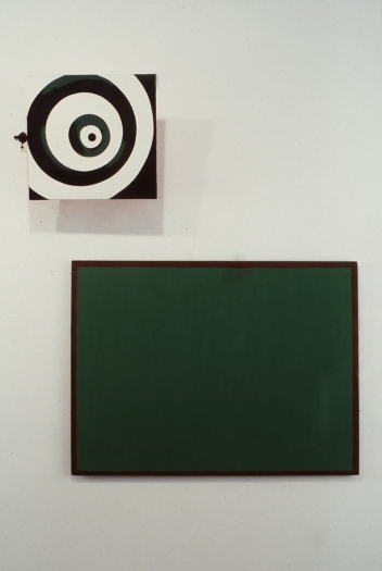 Moira Dryer, During the Peepshow, 1985, two piece installation, 20 x 20 1/2 inches and 36 x 48 inches