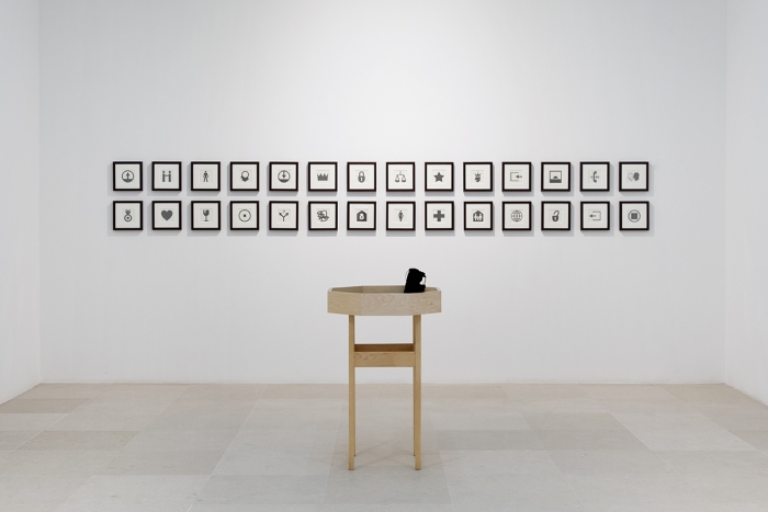 Allan McCollum & Matt Mullican, YOUR FATE, 2004, 28 framed graphite drawings, one table with felt inserts, booklet, dice, Table: 25 x 25 x 37 1/4 inches (66 x 66 x 94.6 cm), Paper: 8 x 8 (20.3 x 20.3 cm) each, Frame: 9 1/8 x 9 1/8 inches (23.2 x 23.2 cm) each