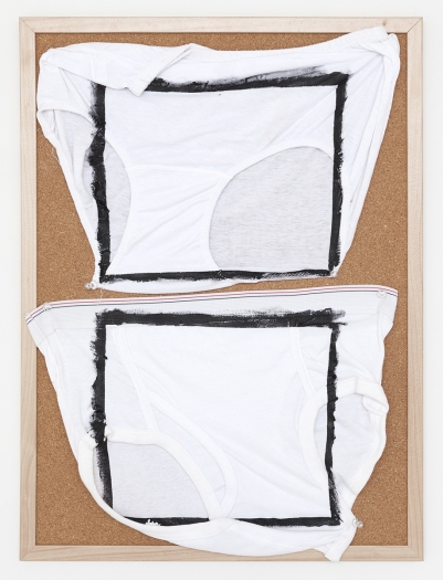 Tony Conrad Untitled (these days, these days), 2009 Acrylic, underwear, bulletin board 23 x 17 inches (58.4 x 43.2 cm)