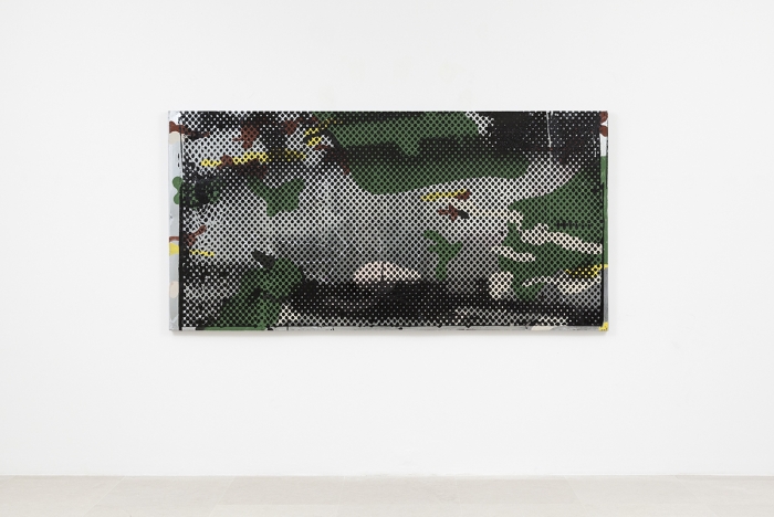Mathieu Malouf, M83 nuclear warhead, 2017, Acrylic, silkscreen and glitter on aluminum and wood, 48 x 96 inches (121.9 x 243.8 cm)