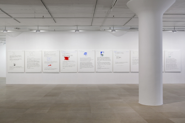 Michael Krebber, Installation view, C-A-N-V-A-S, Uhutrust, Jerry Magoo and guardian.co.uk Paintings, Greene Naftali, New York, 2011