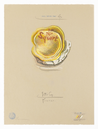 Candy Jernigan, Travel Series – Part 4, Bottle Cap – Yucatan, 1984, Pastel and rubber stamp on kraft paper, Image: 24 x 18 inches (61 x 45.7 cm), Frame: 27 3/4 x 21 3/4 x 1 1/2 inches (70.5 x 55.2 x 3.8 cm)
