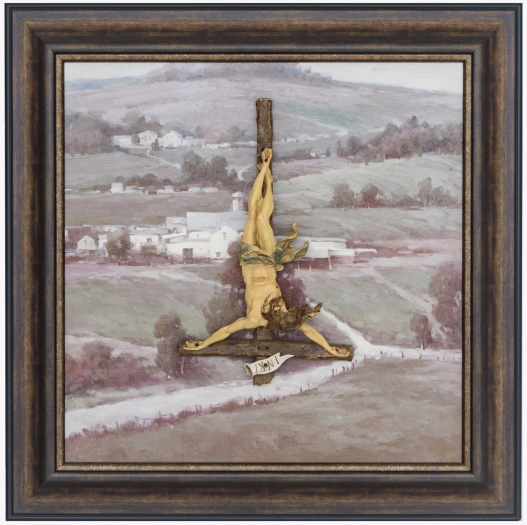 Nicolas Ceccaldi Grey landscape, 2019 Crucifix on framed print 35 5/8 x 35 5/8 x 4 inches (90.5 x 90.5 x 10.2 cm)
