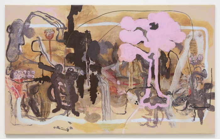 Michaela Eichwald Scheinsubjekt mit Laberflash, 2016 Acrylic, wood stain, graphite, clear varnish on pleather 53 1/4 x 86 5/8 x 1 1/4 inches (135 x 220 x 3 cm)