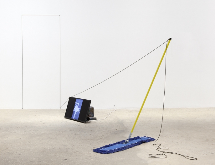 Rachel Harrison, Certificate of No Effect, 2017 Parachute cord; dust mop; digital video, color, silent, 5:58 min looped, 84 1/2 x 166 x 79 inches (214.6 x 421.6 x 200.7 cm)