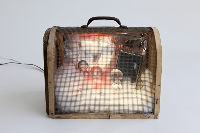 Hayley Silverman Intuition, 2017 Antique mouse trap, glass praying children, rear view mirror, LED, polyfil 8 1/2 x 11 x 5 inches (21.6 x 27.9 x 12.7 cm)