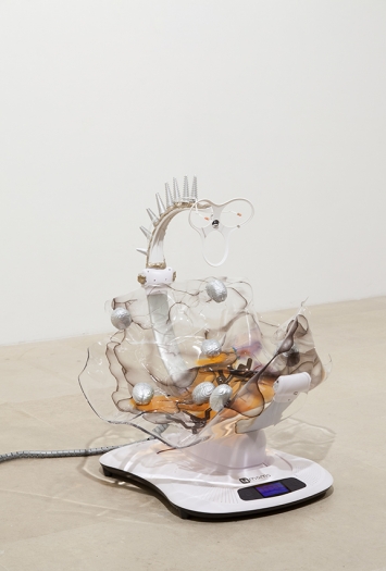 Katja Novitskova Mamaroo (Storm Time, Brains), 2016 Electronic baby swing, polyurethane resin, epoxy foam clay, wall fixtures, foam stress brains 35 x 32 1/2 x 33 inches (88.9 x 82.6 x 83.8 cm)