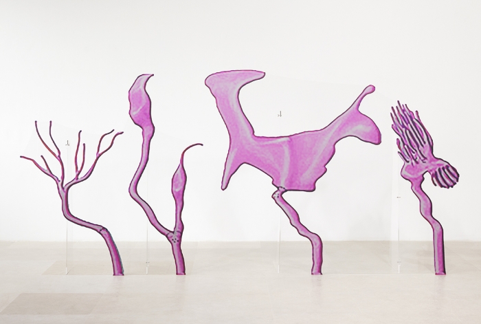 Katja Novitskova Approximation (C. elegans Dendrite Endings: AWA, AWB, AWC, AFD), 2016 Digital print on aluminum, cutout display; plexiglass A: 66 3/4 x 84 x 18 1/2 inches (169.5 x 213.4 x 47 cm) B: 65 1/4 x 59 x 15 1/2 inches (165.7 x 149.9 x 39.4 cm)