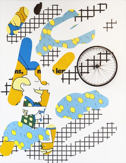 Laura Owens, Untitled, 2014, Flashe, silkscreen inks, oil, acrylic, charcoal, bike wheel, and gesso on linen, 108 x 84 inches