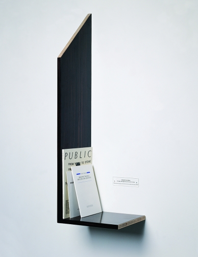 Jacques Salomon Les ready-made appartiennent à tout le monde. Morceaux choisis pour une révision du droit au registre des auteurs (Piece chosen for a revision of the right reserved to authors), 1987 Shelf in grained ebony, revue "Public", n. 3, "Frage der Präsentation" and "Philippe Thomas décline son idéntité" belonging to Daniel Bosser, title card with text: "JACQUES SALOMON Morceaux choisis pour une révision du droit au registre des auteurs 1987" Shelf: 96 x 24 x 32 inches (243.8 x 61 x 81.3 cm) Title Card: 1 5/8 x 5 3/8 inches (3.9 x 13.9 cm) Edition 1/2