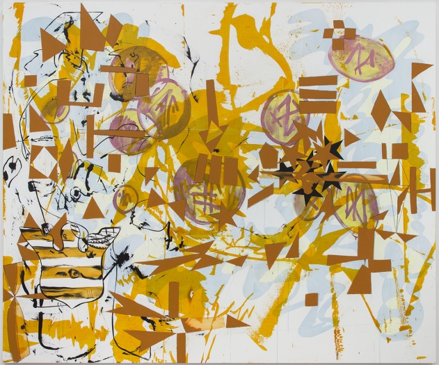 Charline von Heyl, A Dauphin Sat Down to Dine on Dust (Alone in a Field of Wheat), 2018, Acrylic and oil on linen, 90 x 108 inches (228.6 x 274.3 cm)