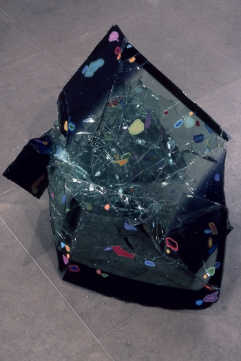 Kelley Walker, so we joked about always wanting a broken car, 2002, broken windshield and stickers, 30 x 30 x 27 inches