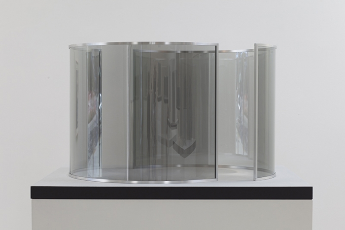Two-Way Mirrored Half Cylinders, Off-Aligned, 2010, 2-way mirror glass, aluminum, MDF, acrylic, 27 7/8 x 42 1/8 x 49 1/4 inches